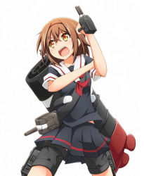 Rule 34 | 10s, 1girl, :d, black serafuku, brown eyes, brown hair, hair ornament, hairband, hand up, kantai collection, machinery, neckerchief, open mouth, pleated skirt, red hairband, red neckerchief, riai (onsen), school uniform, serafuku, shiratsuyu (kancolle), short hair, simple background, skirt, smile, solo, turret, white background