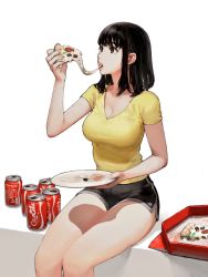 Rule 34 | 1girl, black eyes, black hair, blouse, breasts, can, cheese, cleavage, coca-cola, drink can, eating, eyelashes, food, highres, jun (navigavi), large breasts, legs, olive, original, pizza, plate, shirt, short shorts, shorts, simple background, sitting, soda can, solo, white background, yellow shirt