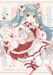 Rule 34 | 10s, 1girl, 2016, aqua eyes, aqua hair, artist name, boots, character name, cross-laced footwear, dated, dress, finger to mouth, flower, food, fork, fruit, fruit tart, hatsune miku, highres, knee boots, lace-up boots, long hair, looking at viewer, nana (koadenium1), pantyhose, solo, strawberry, strawberry tart, striped, striped background, tart (food), twintails, very long hair, vocaloid
