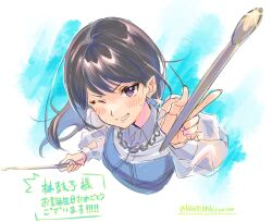 Rule 34 | 1girl, bang dream!, bang dream! it&#039;s mygo!!!!!, black hair, blue background, blue dress, blush, chain, chain necklace, dress, drumsticks, earrings, from above, highres, holding, holding drumsticks, jewelry, long hair, long sleeves, looking at viewer, nagayama momo, necklace, one eye closed, purple eyes, shiina taki, solo, stud earrings, sweatdrop, translation request, twitter username, white background
