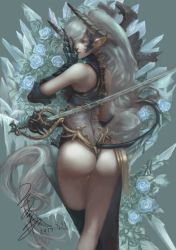 Rule 34 | 1girl, artist name, ass, asymmetrical clothes, baiyin niao, bare shoulders, blue eyes, boots, couter, crystal, dated, expressionless, flower, from behind, gauntlets, ice, lips, long hair, looking back, original, pointy ears, rose, see-through, signature, solo, standing, sword, tail, thigh boots, thighhighs, very long hair, weapon, white flower, white hair, white rose