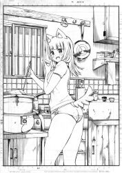 Rule 34 | 1girl, animal ears, blunt bangs, breasts, buruma, cooking, dog ears, dog girl, from side, full body, futoku no guild, greyscale, gym uniform, hitamu kyan, ladle, large breasts, magyo, monochrome, open mouth, plate, raccoon ears, smile, solo, tail, tasting plate, thighs