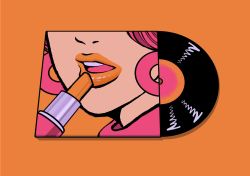 Rule 34 | cosmetics, earrings, highres, jewelry, lipstick tube, minillustration, no humans, open mouth, orange background, orange lips, orange lipstick tube, original, pink hair, record, record jacket, shadow, simple background