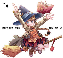 Rule 34 | 1girl, arm up, bad id, bad pixiv id, blue eyes, book, broom, broom riding, happy new year, hat, jacket, kiyose akame, new year, open mouth, original, pointing, skirt, smile, solo, witch hat