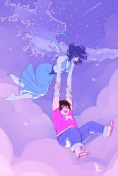 Rule 34 | 1girl, barefoot, blue hair, blue skin, blush, breasts, brown hair, cleavage, cloud, cloudy sky, colored skin, curly hair, closed eyes, flying, happyds, highres, holding, hydrokinesis, lapis lazuli (steven universe), long skirt, midriff, open mouth, pants, shirt, short hair, skirt, sky, slippers, smile, star (sky), star (symbol), starry sky, steven quartz universe, steven universe, water, wings