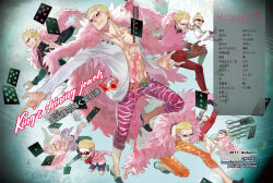 Rule 34 | 1boy, abs, aged down, artist request, ascot, bird, black suit, blonde hair, brown gloves, burgundy jacket, capri pants, card, closed mouth, coat, cover, cover page, donquixote doflamingo, doujin cover, earrings, english text, feather coat, flamingo, formal, gloves, goggles, goggles on head, index finger raised, jewelry, kanji, male focus, muscular, muscular male, necktie, one piece, open clothes, open mouth, orange-tinted eyewear, outstretched arm, pants, pink coat, playing card, red ascot, red necktie, red suit, short hair, shorts, smile, spiked hair, suit, sunglasses, tinted eyewear, variations, white-framed eyewear