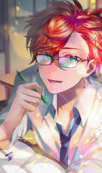 Rule 34 | 1boy, :d, absurdres, asymmetrical bangs, bespectacled, black-framed eyewear, blue necktie, collared shirt, earrings, eraser, glasses, green eyes, hair between eyes, hair ornament, hairclip, highres, hizaki gamma, holding, holding pencil, holostars, indoors, jewelry, lens flare, looking at viewer, lower teeth only, male focus, mechanical pencil, multicolored hair, necktie, notebook, open collar, open mouth, orange hair, pen, pencil, purple hair, red hair, shirt, short hair, sleeves rolled up, smile, streaked hair, sushida0k, table, teeth, upper body, virtual youtuber, white shirt, window