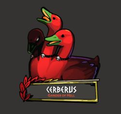 Rule 34 | bird, black background, cerberus, cerberus (hades), character name, colored skin, creature, english text, goose, goose (untitled goose game), hades (series), name tag, no humans, pun, red skin, sabtastic, simple background, skull, tongue, tongue out, untitled goose game