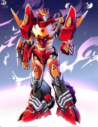 Rule 34 | 1boy, arm cannon, autobot, blue eyes, dual arm cannons, exhaust pipe, helmet, highres, humanoid robot, insignia, mecha, mechanical wings, robot, rodimus, rodimus prime, ryuudraws, science fiction, smile, the transformers (idw), transformers, v-fin, weapon, wings