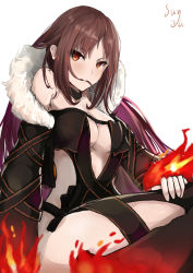 Rule 34 | 1girl, absurdres, bare shoulders, biting hair, black dress, breasts, brown eyes, brown hair, center opening, choker, cleavage, collarbone, commentary request, dress, fate/grand order, fate (series), fire, fur trim, hair in own mouth, highres, jacket, long hair, looking at viewer, medium breasts, revealing clothes, sideboob, sitting, solo, strapless, strapless dress, sunnydoll, yu mei-ren (fate)