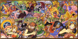 Rule 34 | 2girls, 6+boys, afro, animal, ant, antlers, bandana, bat (animal), beetle, belt, billy (one piece), bird, black hair, black headwear, blonde hair, blue hair, boots, border, brook (one piece), buffalo, bug, butterfly, cane, cigarette, closed eyes, copyright name, cover, cover page, cowboy hat, crocodile, crocodilian, dinosaur, earrings, everyone, eyewear on head, franky (one piece), frog, glasses, gloves, goggles, goggles on head, green hair, grin, haramaki, hat, headband, helmet, highres, horns, hug, insect, jacket, jewelry, jolly roger, katana, lizard, loin, long image, male swimwear, mammoth, monkey d. luffy, multiple boys, multiple girls, nami (one piece), nico robin, octopus, oda eiichirou, official art, one piece, one piece: strong world, open clothes, open shirt, orange hair, orange shirt, pirate, praying mantis, print male swimwear, print swim briefs, print swimsuit, red jacket, red male swimwear, red swim briefs, reindeer, riding, roronoa zoro, running, sanji (one piece), scar, scorpion, shark, sharp teeth, shirt, shorts, skeleton, skull, slingshot (weapon), smile, smoking, squid, star (symbol), star print, straw hat, striped clothes, striped shirt, sunglasses, swim briefs, swimsuit, sword, t-shirt, tattoo, teeth, tiger, tony tony chopper, usopp, vest, weapon, wide image, wings, worm