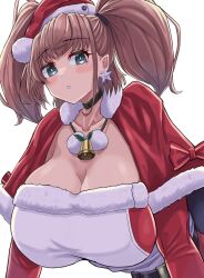 Rule 34 | 1girl, akasaka4005, atlanta (kancolle), black choker, breasts, brown hair, capelet, choker, collarbone, earrings, fur-trimmed capelet, fur-trimmed headwear, fur trim, grey eyes, hat, highres, huge breasts, jewelry, kantai collection, long hair, official alternate costume, red capelet, red hat, santa costume, santa hat, single earring, solo, star (symbol), star earrings, two side up