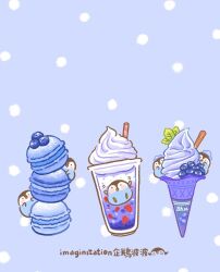 Rule 34 | artist name, beak, bird, black eyes, blue background, blue theme, blueberry, blush stickers, chinese commentary, chinese text, closed eyes, commentary request, cup, disposable cup, drinking straw, food, food focus, food on head, fruit, highres, ice cream, ice cream cone, imaginstation, in food, leaf, macaron, motion lines, no humans, object on head, on food, original, oversized food, oversized object, penguin, polka dot, polka dot background, raspberry, simple background, smoothie, solid circle eyes, spoon, submerged, whipped cream