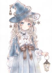 Rule 34 | 1girl, absurdres, blue dress, blue eyes, blue hat, blue ribbon, bow, brown bow, buttons, collared dress, curly hair, dress, dress bow, flat chest, hair ornament, hair ribbon, hat, hat ornament, highres, holding, holding lantern, lantern, light blush, light brown hair, long hair, long sleeves, looking at viewer, marker (medium), moon (ornament), original, parted lips, paruno, pleated dress, puffy sleeves, ribbon, sailor collar, simple background, solo, standing, star (symbol), star hair ornament, traditional media, twintails, white background, wizard hat