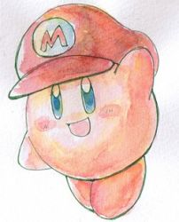 Rule 34 | blue eyes, clothes writing, full body, gradient background, grey background, hat, kirby, kirby (series), lowres, mario, mario (series), nintendo, red hat, smile, super smash bros., traditional media, white background