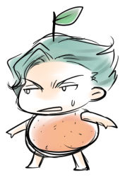 Rule 34 | 1boy, artist request, chibi, code geass, food, fruit, full body, green hair, jeremiah gottwald, lowres, male focus, non-web source, nude, orange (fruit), parody, solo, source request, spiked hair, white background