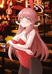 Rule 34 | animal ears, aru (blue archive), bar (place), bare shoulders, black leotard, black pantyhose, blue archive, blush, breasts, cleavage, clenched teeth, covered navel, crossed arms, embarrassed, halo, highres, horns, large breasts, leotard, looking at viewer, orange eyes, pantyhose, playboy bunny, rabbit ears, red hair, teeth, yt9676