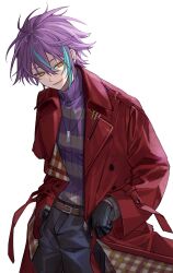 Rule 34 | 1boy, belt, black gloves, black pants, brown belt, buttons, coat, commentary, gloves, highres, jewelry, kamishiro rui, looking to the side, necklace, nes 402, pants, project sekai, purple hair, purple sweater, red coat, simple background, smile, solo, sweater, turtleneck, turtleneck sweater, white background, wing collar, yellow eyes