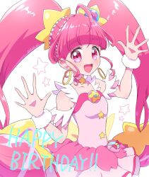 Rule 34 | 1girl, :d, ahoge, blunt bangs, blush, choker, cure star, dress, earrings, fur cuffs, hair ornament, happy birthday, highres, hoop earrings, hoshina hikaru, jewelry, long hair, looking at viewer, magical girl, open mouth, pink choker, pink dress, pink eyes, pink hair, pink skirt, planet hair ornament, pouch, precure, rii (rii0 02), simple background, skirt, smile, solo, star (symbol), star choker, star hair ornament, star twinkle precure, twintails, very long hair, white background, wrist cuffs