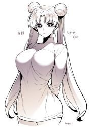 Rule 34 | 1girl, aged up, alternate breast size, arms behind back, bishoujo senshi sailor moon, black eyes, breasts, character age, closed mouth, crescent, crescent earrings, cropped legs, double bun, dress, earrings, hair bun, highres, jewelry, large breasts, long hair, monochrome, smile, solo, sweater, sweater dress, takatsuki ichi, tsukino usagi, twintails, white background, white sweater