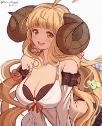 Rule 34 | 1girl, ahoge, aloneinthedork, anila (granblue fantasy), anila (summer) (granblue fantasy), blonde hair, blunt bangs, blush, breasts, cleavage, commentary, dated, draph, english commentary, female focus, granblue fantasy, highres, horns, large breasts, long hair, looking at viewer, open mouth, sheep horns, simple background, smile, solo, swimsuit, thick eyebrows, twitter username, very long hair, yellow eyes