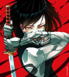 Rule 34 | 1girl, absurdres, alita, alita: battle angel, alternate weapon, battle angel alita, black hair, brown eyes, commentary, covered mouth, cyberpunk, cyborg, english commentary, highres, holding, holding sword, holding weapon, jitome, katana, mechanical arms, medium hair, red background, serious, sleeveless, solo, swept bangs, sword, sword behind back, vest, vinne, weapon