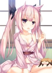 Rule 34 | 10s, 1girl, animal ears, bath yukata, black ribbon, bow, bow bra, bow panties, bra, breasts, cleavage, frown, hair ribbon, hand in own hair, indian style, indoors, japanese clothes, kimono, kmcgold30, lace, lace-trimmed bra, lace trim, long hair, long sleeves, looking at viewer, mashiko kaoru, nene (toji no miko), off shoulder, open clothes, open kimono, open mouth, panties, pink bra, pink eyes, pink hair, pink panties, ribbon, sitting, sliding doors, small breasts, solo, toji no miko, twintails, underwear, wide sleeves, yukata