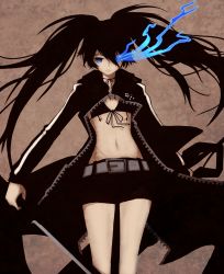 Rule 34 | 10s, 1girl, belt, bikini, bikini top only, black bikini, black hair, black rock shooter, black rock shooter (character), black shorts, blue eyes, firebate, flaming eye, front-tie bikini top, front-tie top, highres, holding, holding sword, holding weapon, long hair, shorts, solo, swimsuit, sword, twintails, weapon
