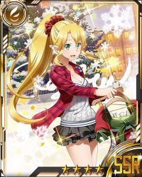 Rule 34 | 10s, 1girl, black skirt, blonde hair, breasts, card (medium), christmas tree, cleavage, collarbone, cowboy shot, green eyes, high ponytail, holding, layered skirt, leafa, long hair, looking at viewer, medium breasts, open mouth, outdoors, pointy ears, skirt, snow, snowflakes, solo, star (symbol), sword art online