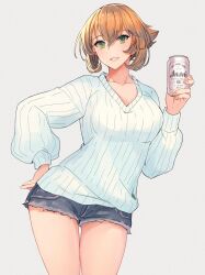Rule 34 | 1girl, breasts, brown hair, can, casual, collarbone, denim, denim shorts, flipped hair, green eyes, grin, hand on own hip, highres, holding, holding can, kantai collection, kasumi (skchkko), large breasts, looking at viewer, mutsu (kancolle), short hair, shorts, simple background, smile, solo, sweater, white background, white sweater