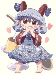 Rule 34 | 1girl, bare shoulders, blue dress, blue ribbon, blush, brown eyes, detached sleeves, dress, earrings, food, grin, hair between eyes, heart, horn ornament, horn ribbon, horns, jewelry, meandros, oversized object, pointy ears, pudding, red horns, red sleeves, ribbon, rokugou daisuke, sharp teeth, sheep horns, short hair, signature, simple background, smile, solo, spoon, square pupils, teeth, touhou, toutetsu yuuma, white background, white hair