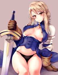 Rule 34 | 1girl, agrias oaks, armor, black panties, blonde hair, breasts, brown gloves, closed mouth, final fantasy, final fantasy tactics, gloves, highres, holding, holding weapon, large breasts, looking at viewer, nksk, panties, shoulder armor, sitting, solo, sword, underwear, weapon, yellow eyes