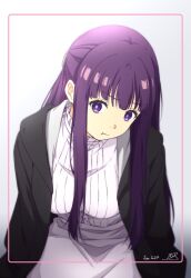 Rule 34 | 1girl, black jacket, blunt bangs, breasts, buttons, dated, frieren, frilled shirt collar, frills, from above, gradient background, hair ornament, head tilt, highres, jacket, large breasts, long hair, long skirt, long sleeves, nii manabu, open clothes, open jacket, pout, purple eyes, purple hair, ribbed shirt, shirt, sitting, skirt, solo, sousou no frieren, white background, white shirt, white skirt