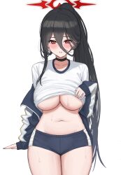 Rule 34 | 1girl, absurdres, black choker, black hair, blue archive, blush, boneseing, breasts, choker, gym uniform, hair between eyes, halo, hasumi (blue archive), hasumi (track) (blue archive), highres, jacket, large breasts, long hair, looking at viewer, mole, mole under eye, official alternate costume, ponytail, red eyes, shirt, shorts, solo, sweat, thighs, underboob, white background, white shirt