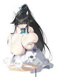 Rule 34 | 1girl, :d, absurdres, animal ears, animal print, apron, bell, black hair, blue ribbon, blush, bottle, breasts, choker, cow girl, cow horns, cow print, cowbell, frills, grabbing own breast, heart, heart-shaped pupils, helic (7317helic), highres, horns, huge breasts, lactation, long hair, maid, milk bottle, mole, mole on breast, open mouth, original, red eyes, ribbon, ribbon choker, grabbing own breast, simple background, smile, solo, spill, spilled milk, sweat, symbol-shaped pupils, topless, very long hair, waist apron, white background