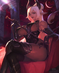 Rule 34 | 1girl, absurdres, aqua eyes, artist name, black gloves, borrowed character, breasts, commentary, crossed legs, dominatrix, elbow gloves, english commentary, gloves, hair between eyes, highres, holding, holding whip, kardie, large breasts, long hair, looking at viewer, original, parted lips, pointy ears, solo, watermark, web address, whip, white hair