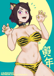 Rule 34 | 1girl, animal ears, animal print, artist name, ascari megane (aurahack), aurahack, warrior of light (ff14), bare shoulders, body freckles, breasts, brown hair, chinese zodiac, claw pose, cleavage, collar, cosplay, fangs, final fantasy, final fantasy xiv, freckles, heterochromia, highres, large breasts, looking at viewer, lum, lum (cosplay), nail polish, navel, open mouth, pink eyes, purple eyes, short hair, smile, solo, swept bangs, teeth, tiger print, upper teeth only, urusei yatsura, year of the tiger, yellow nails