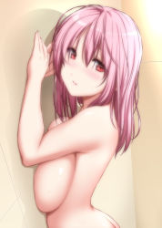 Rule 34 | 1girl, ass, blush, breast press, breasts, commentary request, completely nude, hair between eyes, hands up, highres, indoors, large breasts, long hair, nori tamago, nude, parted lips, pink hair, red eyes, saigyouji yuyuko, solo, sweat, touhou, upper body