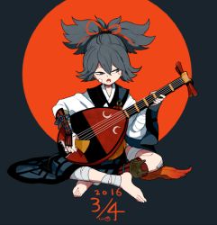 Rule 34 | 10s, 1boy, bachi, bandages, barefoot, biwa lute, blue hair, dated, full body, indian style, instrument, japanese clothes, l hakase, lute (instrument), male focus, music, open mouth, playing instrument, plectrum, sayo samonji, simple background, sitting, solo, touken ranbu