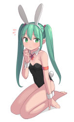 Rule 34 | 1girl, animal ears, aqua hair, armband, bare legs, bare shoulders, barefoot, black leotard, breasts, covered navel, detached collar, full body, green eyes, hair between eyes, hairband, highres, leotard, long hair, looking at viewer, neck ribbon, original, playboy bunny, rabbit ears, rabbit tail, red ribbon, ribbon, saiste, seiza, simple background, sitting, small breasts, solo, strapless, strapless leotard, tail, twintails, wavy mouth, white background, white hairband, wrist cuffs