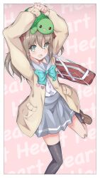 Rule 34 | 1girl, :d, animal, animal on head, arms up, asymmetrical legwear, badge, bag, bandaid, bandaid on knee, bandaid on leg, black socks, black thighhighs, blue eyes, blush, border, bow, bowtie, brown cardigan, brown footwear, button badge, cardigan, el genso, english text, green bow, green bowtie, grey sailor collar, grey skirt, hair between eyes, hair bow, heart, highres, indie virtual youtuber, interlocked fingers, kneehighs, leg up, light brown hair, loafers, long hair, looking at viewer, neuro-sama, on head, open mouth, osu!, outline, own hands together, pink background, pleated skirt, red bag, red bow, sailor collar, school uniform, serafuku, shoes, shoulder bag, single kneehigh, single sock, single thighhigh, skirt, sleeves past wrists, smile, socks, text background, thighhighs, turtle, two side up, uneven legwear, vedal987, virtual youtuber, white border, white outline, white serafuku