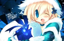Rule 34 | 1girl, bad id, bad pixiv id, blonde hair, blue eyes, blush, bow, fang, gift, gloves, hair bow, holding, holding gift, looking at viewer, one eye closed, original, sakaki (noi-gren), short hair, solo, wink
