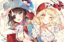 Rule 34 | 2girls, :d, ;q, arrow (symbol), ascot, bad id, bad pixiv id, bang dream!, bear eyepatch, black hair, blonde hair, blue cape, blue eyes, blue feathers, blue hat, bracelet, breasts, cape, character print, cleavage, collarbone, commentary request, earrings, epaulettes, eyepatch, feathers, flower, frilled sleeves, frills, hat, hat feather, hat flower, head scarf, jewelry, locked arms, long hair, long sleeves, map background, medium hair, michelle (bang dream!), multiple girls, okusawa misaki, one eye closed, open mouth, pirate, pirate hat, print headwear, rose, salute, shirt, short sleeves, smile, sparkle, suspenders, taya oco, tongue, tongue out, tsurumaki kokoro, upper body, white background, white flower, white rose, white shirt, yellow eyes