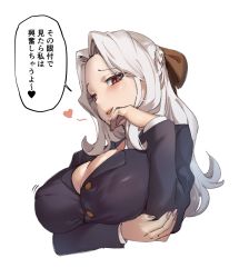 Rule 34 | 1girl, arm under breasts, black jacket, blazer, blush, braid, breasts, brown eyes, cleavage, commentary request, covered erect nipples, french braid, from below, hair ribbon, heart, highres, jacket, large breasts, long hair, looking at another, nail polish, original, parted lips, ribbon, shirt, silver hair, speech bubble, tamada heijun, translation request, white shirt