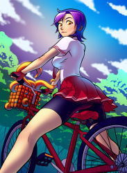 Rule 34 | 1girl, ass, bicycle, bike shorts, bike shorts under skirt, breasts, cloud, consensual tentacles, day, deliciousorange, eyelashes, fingerless gloves, from below, gloves, highres, legs apart, looking at viewer, looking back, medium breasts, original, outdoors, pleated skirt, purple hair, red skirt, school uniform, schoolgirls love tentacles, short hair, short sleeves, shorts, shorts under skirt, skirt, sky, solo, standing, tentacles, tree, upskirt, yellow eyes