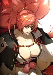 Rule 34 | 86willem, absurdres, baiken, big hair, black jacket, black kimono, breasts, eyepatch, facial tattoo, guilty gear, guilty gear strive, highres, jacket, jacket on shoulders, japanese clothes, kimono, large breasts, looking at viewer, multicolored clothes, multicolored kimono, one-eyed, open clothes, open kimono, ponytail, red eyes, red hair, samurai, scar, scar across eye, tattoo, white kimono