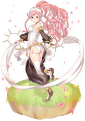 Rule 34 | 1girl, ass, braid, closed mouth, fire emblem, fire emblem awakening, flower, from behind, full body, grass, hairband, haru (nakajou-28), highres, long hair, looking back, nintendo, olivia (fire emblem), petals, pink eyes, pink hair, ponytail, see-through, see-through sleeves, smile, solo, twin braids