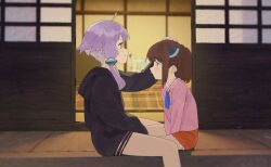 Rule 34 | 2girls, 3girls, ahoge, animal ears, arm between legs, arms between legs, black hoodie, blade, blue ribbon, blurry, blurry background, blush, brown hair, closed mouth, commentary, depth of field, dress, foot out of frame, fox ears, from side, hand on another&#039;s head, headgear, highres, hood, hood down, hoodie, jacket, kotatsu, light purple hair, light smile, long sleeves, looking at another, looking to the side, multiple girls, neck ribbon, night, no legwear, orange dress, outdoors, parted bangs, pikumin, pink jacket, pink sailor collar, profile, purple eyes, raised eyebrows, ribbon, sailor collar, short dress, short hair, short hair with long locks, shouji, sitting, sliding doors, table, touhoku itako, touhoku kiritan, twintails, vocaloid, voiceroid, white hair, yuri, yuzuki yukari