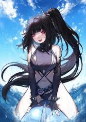 Rule 34 | 1girl, architect (girls&#039; frontline), architect (nvw model) (girls&#039; frontline), black gloves, black hair, blue sky, blunt bangs, elbow gloves, girls&#039; frontline, gloves, highres, long hair, looking at viewer, navel, one-piece swimsuit, open mouth, partially fingerless gloves, purple eyes, side ponytail, sky, solo, straddling, swimsuit, teeth, terupancake, upper teeth only, very long hair, water