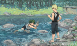 Rule 34 | 2boys, absurdres, armpit peek, bakugou katsuki, bare arms, bare shoulders, barefoot, bass (fish), belt, bent over, black belt, black pants, black shorts, black tank top, blonde hair, blue shirt, blurry, blush, bnahzub, boku no hero academia, boulder, casual, chinese commentary, concentrating, curly hair, depth of field, diffraction spikes, eyes visible through hair, fish request, fishing, forest, freckles, grass, green eyes, green hair, hand on own hip, hands up, highres, holding, holding towel, legs apart, looking at animal, looking at another, male focus, midoriya izuku, multiple boys, nature, on one knee, open mouth, outdoors, outstretched arms, outstretched leg, pants, pants rolled up, partially submerged, profile, red eyes, reflection, reflective water, river, riverbank, rock, shirt, short hair, shorts, sleeveless, sparkle, spiked hair, standing, t-shirt, tank top, teeth, towel, towel on one shoulder, tree, tree trunk bridge, upper teeth only, v-shaped eyebrows, water, water drop, weibo logo, weibo watermark, wide shot